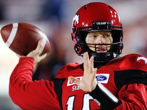 Calgary Stampeders quarterback Andrew Buckley warms up before a game against the Winnipeg Blue Bombers on Nov. 3, 2017.