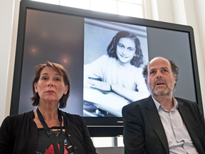 Teresien da Silva, left, and Ronald Leopold of the Anne Frank Foundation at a press conference in Amsterdam, Netherlands, May 15, 2018.