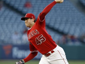 Los Angeles Angels starting pitcher Tyler Skaggs throws to a Tampa Bay Rays batter during the first inning of a baseball game in Anaheim, Calif., Thursday, May 17, 2018.
