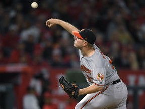 Baltimore Orioles starting pitcher Dylan Bundy throws during the second inning of the team's baseball game against the Baltimore Orioles on Wednesday, May 2, 2018, in Anaheim, Calif.