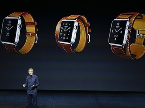 Jeff Williams, senior vice president of Operations, discusses the Apple Watch at the Apple event at the Bill Graham Civic Auditorium in San Francisco, Wednesday, Sept. 9, 2015.