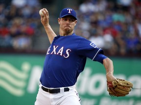 Texas Rangers starting pitcher Doug Fister (38) pitches against the New York Yankees during the first inning of a baseball game Wednesday, May 23, 2018, in Arlington, Texas.