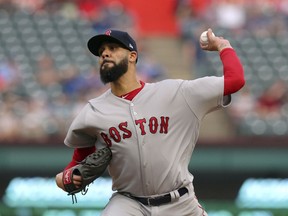Boston Red Sox starting pitcher David Price throws to a Texas Rangers batter during the first inning of a baseball game in Arlington, Texas, Thursday, May 3, 2018.
