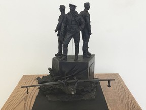 FILE - This March 12, 2018 file photo shows a model of the "Project Zebra" memorial in the Arts of the Albemarle building in Elizabeth City, N.C. The monument to Russian soldiers killed while training in the United States during World War II may still find a home in America even after Elizabeth City rejected it because of tensions between the two countries.