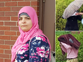 Bayan Ayoub, left, her mother Faten, top right, and father Ahmad outside the courthouse in Burton, New Brunswick, on May 15, 2018.
