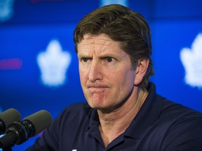 Toronto Maple Leafs head coach Mike Babcock speaks to reporters during the team's locker clean-out day at the Air Canada Centre on April 27.