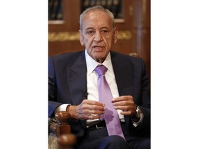 Lebanese Parliament Speaker Nabih Berri, speaks during an interview with the Associated Press, in Beirut, Lebanon, Friday, May 11, 2018. Berri a close ally of Syria and Iran says this week's retaliation to repeated Israeli airstrikes in Syria was a "very strong warning" to Israel. He said this time the retaliation was in the Israeli-occupied Golan Heights but next time it will be in Israel proper.