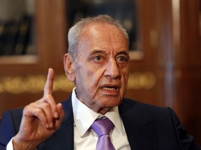 In this Friday, May 11, 2018 photo, Lebanese Parliament Speaker Nabih Berri, speaks during an interview with The Associated Press, in Beirut, Lebanon. Berri has been Lebanon's parliament speaker for a quarter-century, and is expected to win a sixth term this week. Even rivals acknowledge that the 80-year-old is a canny political operator, but his long tenure owes much to Lebanon's sectarian-based and elite-dominated political system.