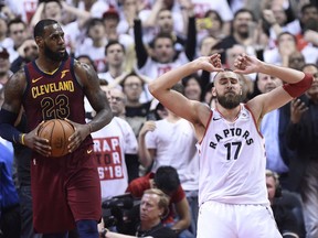 Toronto Raptors centre Jonas Valanciunas reacts after missing a shot late in the fourth quarter against the Cleveland Cavaliers on May 1.
