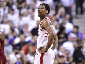 Toronto Raptors guard DeMar DeRozan looks up at the scoreboard late in a loss to the Cleveland Cavaliers on May 3.