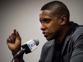 Toronto Raptors president Masai Ujiri speaks to reporters at an end-of-season availability in Toronto on Wednesday, May 9, 2018.