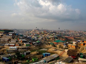 This April 30, 2018, photo shows a view of the Kutupalong Rohingya refugee camp in Kutupalong, Bangladesh. The Rohingya refugees who fled Myanmar amid a brutal military crackdown now face a new danger: Rain. The annual monsoons will soon sweep through camps where some 700,000 Rohingya Muslims live in huts made of bamboo and plastic built along steep hills.