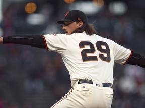 San Francisco Giants pitcher Jeff Samardzija works against the San Diego Padres in the first inning of a baseball game Monday, April 30, 2018, in San Francisco.