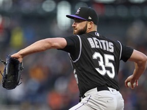 Colorado Rockies pitcher Chad Bettis works against the San Francisco Giants during the first inning of a baseball game Thursday, May 17, 2018, in San Francisco.