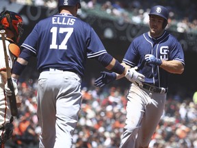 San Diego Padres' Matt Szczur, right, is congratulated by A.J. Ellis (17) after hitting a home run against the San Francisco Giants in the fifth inning of a baseball game Wednesday, May 2, 2018, in San Francisco.