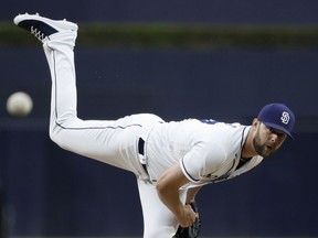 San Diego Padres pitcher Jordan Lyles works against a St. Louis Cardinals batter during the first inning of a baseball game Thursday, May 10, 2018, in San Diego.