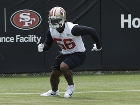 San Francisco 49ers linebacker Reuben Foster practices at the team's NFL football training facility in Santa Clara, Calif., Wednesday, May 30, 2018.