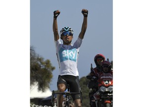 Bernal Gomez, of Colombia, celebrates as he wins Stage 2 of the AMGEN Tour of California Monday, May 14, 2018, in Santa Barbara, Calif.