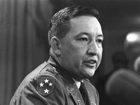FILE - In this Dec. 4, 1969, file photo, U.S. Army Capt. Ernest Medina, a key figure in the 1968 My Lai massacre during the Vietnam war, speaks at a news conference at the Pentagon. Medina died on May 8, 2018, according to an obituary written by his family. He was 81. (AP Photo/File)