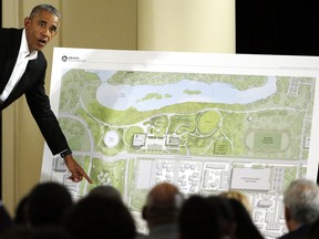 FILE - In this May 3, 2017, file photo, former President Barack Obama speaks at a community event on the Obama Presidential Center at the South Shore Cultural Center in Chicago.  The Chicago City Council is scheduled to take up the $500 million project Wednesday, May 23, 2018. The project remains under federal review because the site, Jackson Park, is on the National Register of Historic Places. However, City Council approval would be a major step forward.