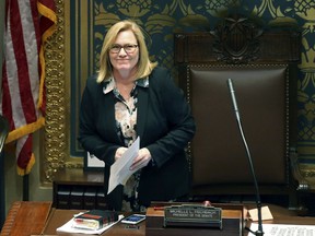 FILE - In this Feb. 20, 2018, file photo, Minnesota Senate President Michelle Fischbach smiles before convening the Senate in St. Paul, Minn. Fischbach, who was thrust into the lieutenant governor's office following U.S. Sen. Al Franken's resignation moved abruptly Friday, May 25 to resign her state Senate seat and take the oath of office as lieutenant governor, a swift reversal for the longtime Republican senator who had resisted the job and its duties. Fischbach's ascent was automatic after Democratic Gov. Mark Dayton appointed then-Lt. Gov. Tina Smith to U.S. Senate following Franken's resignation.
