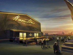 This David Korins rendering provided by Margie Korshak Inc. shows one of the exhibits in "Hamilton: The Exhibition" that will debut on Chicago's Northerly Island beginning Nov. 17, 2018. Lin-Manuel Miranda and the producers of the hit Broadway musical "Hamilton" are bringing the immersive and interactive exhibit U.S. Founding Father to Chicago. The experience will be located in a temporary structure the size of a football field and tell the story of Alexander Hamilton and the founding of the U.S.