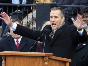 FILE - In this Jan. 9, 2017 file photo, Missouri Governor Eric Greitens gives his inaugural address from the steps of the capitol in Jefferson City, Mo. Greitens, a sometimes brash outsider whose unconventional resume as a Rhodes Scholar and Navy SEAL officer made him a rising star in Republican politics, abruptly announced his resignation Tuesday, May 29, 2018, after a scandal involving an affair with his former hairdresser led to a broader investigation by prosecutors and state legislators. The resignation takes effect Friday.