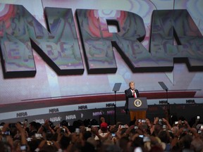 In this April 28, 2017 file photo, U.S. President Donald Trump speaks during the National Rifle Association-ILA Leadership Forum, in Atlanta.