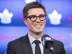 Kyle Dubas speaks at a press conference as he's introduced as the new general manager of the Toronto Maple Leafs in Toronto on Friday, May 11, 2018.