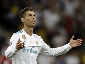 Real Madrid's Cristiano Ronaldo reacts during the Champions League Final soccer match between Real Madrid and Liverpool at the Olimpiyskiy Stadium in Kiev, Ukraine, Saturday, May 26, 2018.