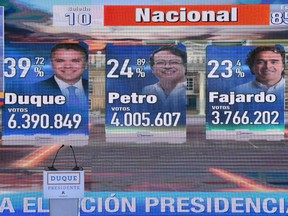 Preliminary results of the first round of Colombian presidential elections, are seen on a screen at the headquarters of presidential candidate Ivan Duque, for the Democratic Centre party, in Bogota, on May 27, 2018.