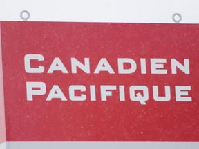 A Canadian Pacific sign (in French) is shown at the CP Cote-St-Luc yards in Montreal on February 14, 2015.