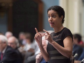 Quebec Economy, Science and Innovation Minister Dominique Anglade responds to the Opposition, during question period in the National Assembly, in Quebec City on Thursday, May 3, 2018.