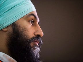 NDP Leader Jagmeet Singh responds to questions after touring George Third & Son Steel Fabricators and Erectors, in Burnaby, B.C., on Thursday March 29, 2018. Singh is huddling with his caucus behind closed doors this morning following stunning allegations from one of their colleagues.