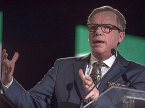 Outgoing Saskatchewan Premier Brad Wall speaks during the Saskatchewan Party Leadership Convention in Saskatoon, Saturday, January 27, 2018. Former Saskatchewan Premier Wall says that the majority of his new job with an Alberta law firm will be based in his hometown.THE CANADIAN PRESS/Liam Richards