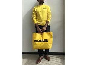 A model wears No Frills' new "Hauler" limited edition clothing line in this undated handout photo. No Frills says a new clothing line celebrating savvy discount shoppers will launch its online store on Monday. The four-decade old chain says the Hauler brand is born from customers' loyalty to their local No Frills shops and excitement around previous No-Frills branded swag.THE CANADIAN PRESS/HO, Loblaw Companies Ltd. *MANDATORY CREDIT*
