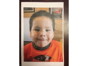 Sweetgrass Kennedy, 4, is seen in this undated police handout photo. Police in Prince Albert, Sask., are asking for help to find a little boy who was last seen on Thursday afternoon. Four-year-old Sweetgrass Kennedy was last seen wearing a light-blue Star Wars hoodie and orange Halloween pants.