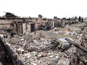 Burned-out houses are shown in the Abasands neighbourhood during a media tour of the fire-damaged city of Fort McMurray, Alta., in a May 9, 2016 file photo.