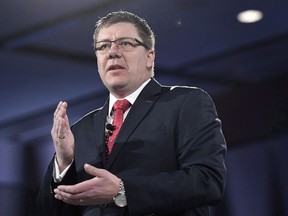 Saskatchewan Premier Scott Moe speaks in Ottawa on February 9, 2018. A public-sector union in Saskatchewan wants the province to take stock of where things stand a year after the government shut down its bus service. The Saskatchewan Transportation Co. was shuttered by former premier Brad Wall's government in an austerity budget brought in to help fight what was a $1.3-billion deficit.