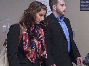 Christopher Calvin Garnier, charged with second-degree murder in the death of Truro police officer Const. Catherine Campbell, walks with girlfriend Brittany Francis (left) at Nova Supreme Court for the start of his trial in Halifax on Monday, Nov. 20, 2017. The girlfriend of a Halifax man convicted of murdering a woman he met for the first time at a Halifax bar has written a glowing letter about Christopher Garnier, calling him a kind, genuine and thoughtful person.