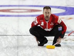 Canada skip Brad Gushue directs sweepers during a qualification game against the United States during the World Men's Curling Championship, Saturday, April 7, 2018, in Las Vegas. His trophy case complete after winning the Champions Cup for the first time, Brad Gushue and his St. John's team are aiming for even bigger things over the next quadrennial.