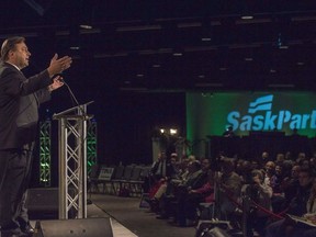 Candidate Ken Cheveldayoff speaks during the Saskatchewan Party Leadership Convention in Saskatoon, Saturday, January 27, 2018. Cheveldayoff was spotted holding a sign selling Jets tickets outside Bell MTS Place in Winnipeg before Game 5 of the Western Conference Final on Sunday.