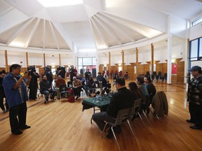 The Manitoba 60s Scoop Survivors Group speaks with media at Thunderbird House in Winnipeg, Friday, February 16, 2018. A federal judge has approved a multimillion-dollar settlement for Indigenous people who were taken from their families and placed in non-Indigenous foster homes in the so-called '60s Scoop.THE CANADIAN PRESS/John Woods