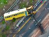 A school bus lies crashed on Route 80 in Mount Olive, N.J., May 17, 2018.