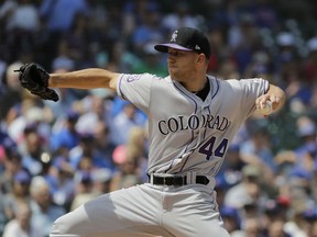 Colorado Rockies starting pitcher Tyler Anderson throws against the Chicago Cubs during the first inning of a baseball game Wednesday, May 2, 2018, in Chicago.