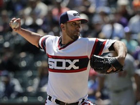 Chicago White Sox starting pitcher James Shields throws against the Minnesota Twins during the first inning of a baseball game Sunday, May 6, 2018, in Chicago.