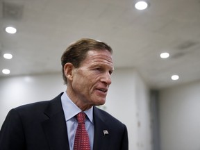 Sen. Richard Blumenthal, D-Conn., arrives for a vote on Gina Haspel to be CIA director, on Capitol Hill, Thursday, May 17, 2018 in Washington. The Senate confirmed Haspel as the first female director of the CIA following a difficult nomination process that reopened an emotional debate about brutal interrogation techniques in one of the darkest chapters in the spy agency's history.