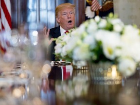 President Donald Trump speaks during a meeting with governors in the Blue Room of the White House in Washington, Monday, May 21, 2018, to discuss border security and restoring safe communities.