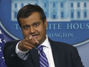 White House principal deputy press secretary Raj Shah speaks during the daily news briefing at the White House, in Washington, Monday, May 14, 2018. Shah discussed the opening of the new U.S. Embassy in Jerusalem, a White House aide who dismissed Sen. John McCain's opposition on the president's nominee to be CIA director saying, "he's dying anyway," and other topics.