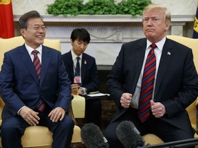 President Donald Trump meets with South Korean President Moon Jae-In in the Oval Office of the White House, Tuesday, May 22, 2018, in Washington.
